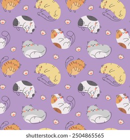 Seamless pattern with kawaii cats in loaf shape. Cute doodle kittens. Vector print for fabric swatches