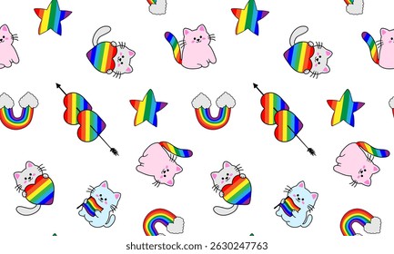 seamless pattern kawaii cats stars rainbow hearts clouds  fabric decor lgbtq+ design on white background