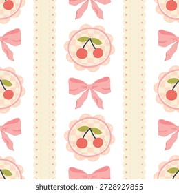 Padrão contínuo com encantos de cereja e arcos cor-de-rosa sobre fundo branco. Lindos doodle flerte desenhos animados feminino estilo infantil têxteis, embalagens de presente e artigos de papelaria. Elegante minimalista coquette estética.