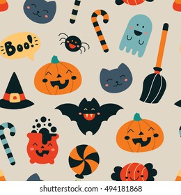 Seamless pattern in kawaii childish style for Halloween. Halloween background for your design. Vector illustration.