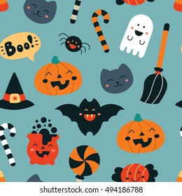 Seamless pattern in kawaii childish style for Halloween. background for your design. Vector illustration.