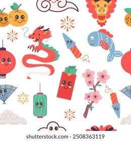 Seamless pattern kawaii Chinese new year elements flat style 