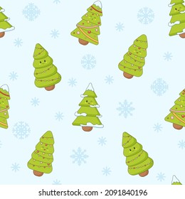 Seamless pattern of kawaii Christmas trees and snowflakes on blue background. Print of Christmas thematic. Flat vector illustration.