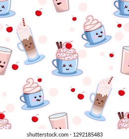 Seamless pattern of Kawaii coffee set. Various cute cafe drinks. Vector coffee cups with happy face on a pink background.