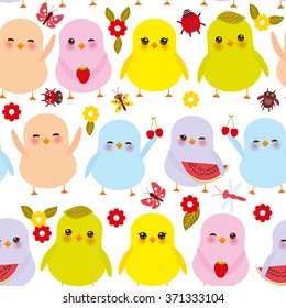 seamless pattern. Kawaii colorful blue green orange pink yellow chick with pink cheeks and winking eyes, pastel colors on white background. Vector