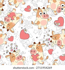 Nahtloses Muster mit verliebten Kawaii-Kühen, einige ganz farbig und einige als Umrissfarbzeichnungen, umgeben von Herzen, Gänseblümchen und Sternen auf weißem Hintergrund. Perfekt für Kindergewebe, Kinderzimmer Dekor, Papier, Scrapbook und niedliche Schreibwaren Designs.