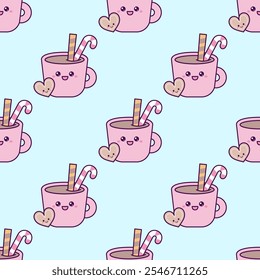 Seamless pattern with kawaii cup cocoa and cookies