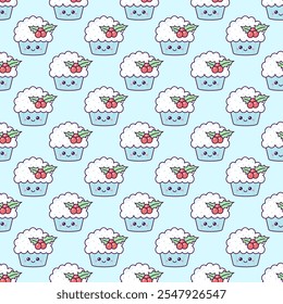 Seamless pattern with kawaii cupcake and Christmas berries.