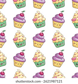 Seamless pattern with kawaii cupcakes, cute hand-drawn doodle characters