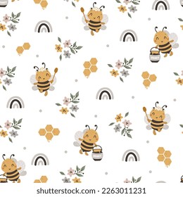 Seamless Pattern with Kawaii Cute Bee, Rainbow and doodle flower, Cartoon Animals Background, Design for baby clothes, t-shirts, wrapping, fabric, textiles and more