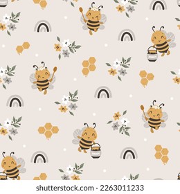 Patrón sin foco con abeja Kawaii, flor arcoiris y de doodle, fondo de caricatura de animales, diseño para ropa de bebé, camisetas, envoltura, tela, textiles y más