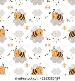 Seamless Pattern with kawaii Cute Bee and doodle clouds, Cartoon Animals Background, Design for baby clothes, t-shirts, wrapping, fabric, textiles and more