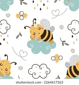 Seamless Pattern with kawaii Cute Bee and doodle clouds, Cartoon Animals Background, Design for baby clothes, t-shirts, wrapping, fabric, textiles and more