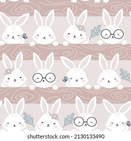 Seamless pattern kawaii cute bunny at wood theme, design for scrapbooking, decoration, cards, paper goods, background, wallpaper, wrapping, fabric and all your creative projects. Vector Illustration