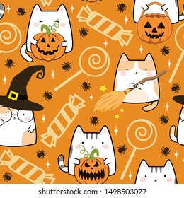 Seamless Pattern In Kawaii Cute Cat Style For Halloween. Cartoon Animals Background, Vector Illustration