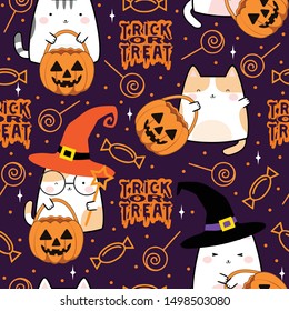 Seamless pattern in kawaii cute cat style for Halloween. Cartoon Animals Background, Vector Illustration