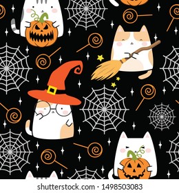 Seamless pattern in kawaii cute cat style for Halloween. Cartoon Animals Background, Vector Illustration