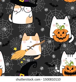 Seamless pattern in kawaii cute cat style for Halloween. Cartoon Animals Background, Vector Illustration