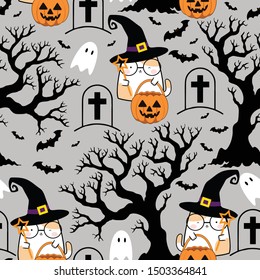 Seamless pattern in kawaii cute cat style for Halloween. Cartoon Animals Background, Vector Illustration