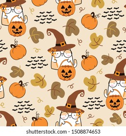 Seamless pattern in kawaii cute cat style for Halloween. Cartoon Animals Background, Vector Illustration