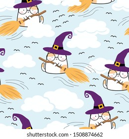 Seamless pattern in kawaii cute cat style for Halloween. Cartoon Animals Background, Vector Illustration