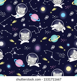 Seamless Pattern Kawaii Cute Cat Astronaut in Space, Cartoon Animals Background, Vector Illustration.  Design for kids