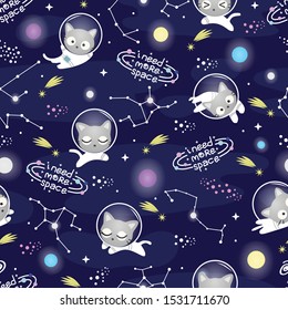 Seamless Pattern Kawaii Cute Cat Astronaut in Space, Cartoon Animals Background, Vector Illustration.  Design for kids