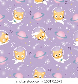 Seamless Pattern Kawaii Cute Cat Astronaut in Space, Cartoon Animals Background, Vector Illustration.  Design for kids