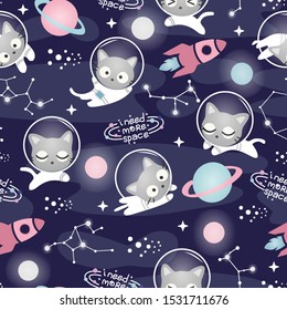 Seamless Pattern Kawaii Cute Cat Astronaut in Space, Cartoon Animals Background, Vector Illustration.  Design for kids