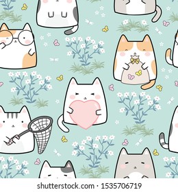 Seamless Pattern Kawaii Cute Cat, Cartoon Animals Background, Vector Illustration