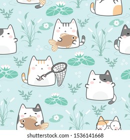 Seamless Pattern Kawaii Cute Cat, Cartoon Animals Background, Vector Illustration