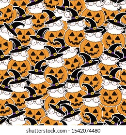 Seamless pattern in kawaii cute cat costume for Halloween. Cartoon Animals Background, Vector Illustration