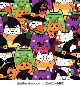 Seamless pattern in kawaii cute cat costume for Halloween. Cartoon Animals Background, Vector Illustration