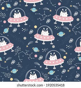 Seamless Pattern Kawaii Cute Cat in Spaceships, Cartoon Animals Background, Vector Illustration. 