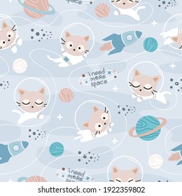 Seamless Pattern Kawaii Cute Cat Astronaut in Space, Cartoon Animals Background, Vector Illustration.  Design for kids