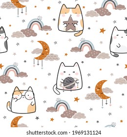 Seamless Pattern Kawaii Cute Cat with Rainbow, Moon, Clouds and Stars. Design for, wallpaper, wrapping, printing, fabric, clothing and textile.