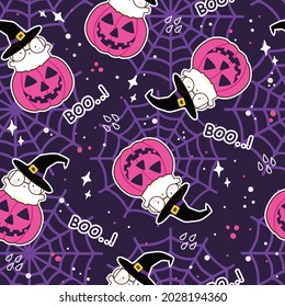 Seamless Pattern In Kawaii Cute Cat Costume For Halloween. Cartoon Animals Background, Vector Illustration