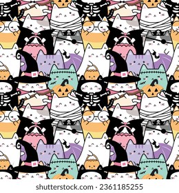 Patrón sin foco de traje de gato lindo kawaii para Halloween. Fondo del carácter de los animales de dibujos animados, Ilustración del vector. Diseño para la reserva de chatarra, ropa para bebés, tarjetas, artículos de papel, tela y más