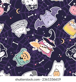 Seamless pattern of kawaii cute cat costume for Halloween. Cartoon Animals Character Background, Vector Illustration. Design for scrapbooking, baby clothing, cards, paper goods, fabric and more