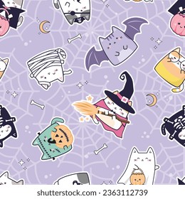 Seamless pattern of kawaii cute cat costume for Halloween. Cartoon Animals Character Background, Vector Illustration. Design for scrapbooking, baby clothing, cards, paper goods, fabric and more