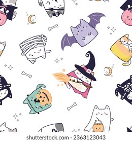 Patrón sin foco de kawaii lindo disfraz de gato para Halloween en el fondo blanco. Caricatura Animales, Ilustración vectorial. Diseño de prendas de vestir para bebés, tarjetas, artículos de papel, tela y más