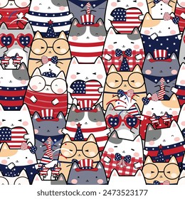 Seamless pattern of kawaii cute cat costume for 4 th july. Cartoon Animals Character Background, Vector Illustration. Design for scrapbooking, textile, clothing, cards, paper goods, fabric and more