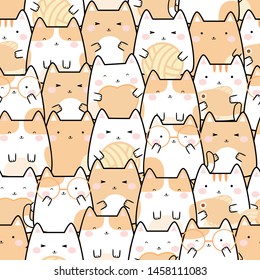 Seamless Pattern Kawaii Cute Cats, Cartoon Animals Background, Vector Illustration