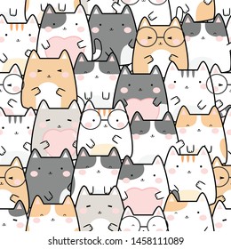 Seamless Pattern Kawaii Cute Cats, Cartoon Animals Background, Vector Illustration