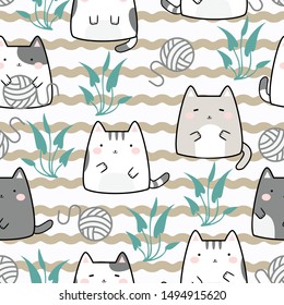 Seamless Pattern Kawaii Cute Cats, Cartoon Animals Background, Vector Illustration