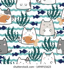 Seamless Pattern Kawaii Cute Cats, Cartoon Animals Background, Vector Illustration