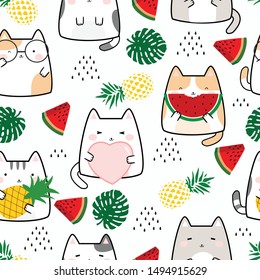 Seamless Pattern Kawaii Cute Cats, Cartoon Animals Background, Vector Illustration