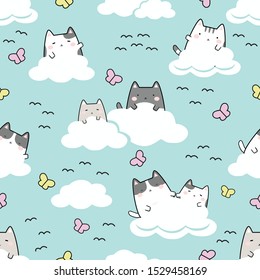 Seamless Pattern Kawaii Cute Cats In the Sky, Cartoon Animals Background, Vector Illustration