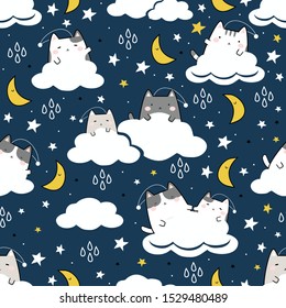 Seamless Pattern Kawaii Cute Cats Sleeping, Cartoon Animals Background, Vector Illustration. Good Night Collection