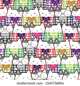 Seamless Pattern Kawaii Cute Cats, Cartoon Animals Background, Vector Illustration